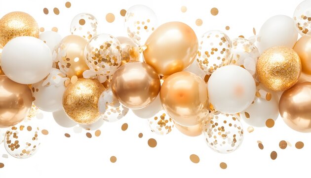 Elegant gold and white balloons with confetti