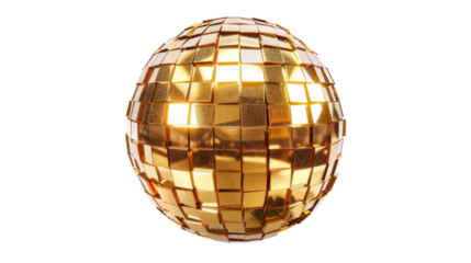 Rotating golden disco ball reflecting light on transparent background