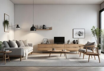 Minimalist living room interior with Scandinavian design furniture, simplicity, modern