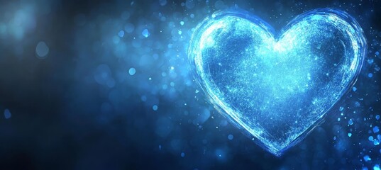 Abstract Glowing Blue Energy Heart Of Particles And Sparkles On A Dark Blue Bokeh Lights Background.