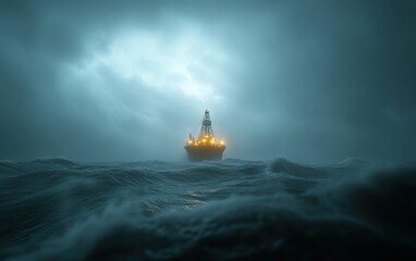 Obraz premium A solitary oil platform amidst a stormy sea with dark clouds and high waves. The platform stands resilient against the crashing waves, its lights piercing through the misty atmosphere. 