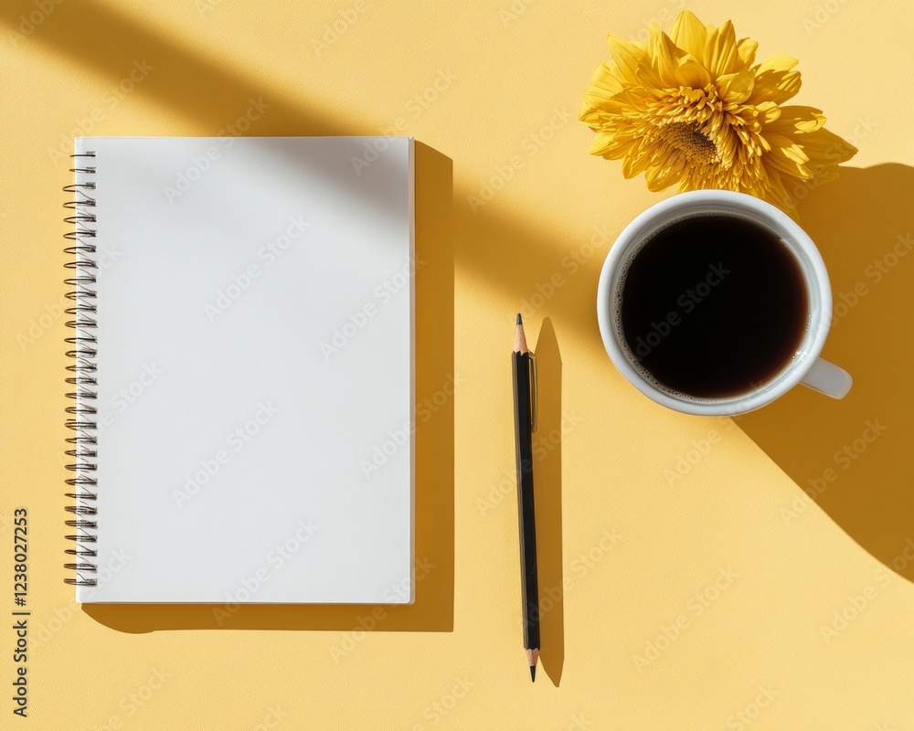 Poster minimalist creative workspace open notebook with coffee and pencils on vibrant desk - modern content