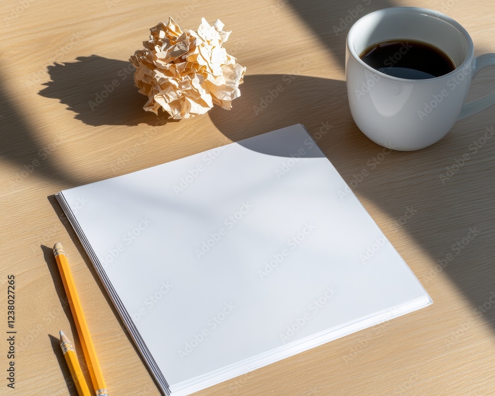 Poster minimalist academic workspace open notebook on wood desk with coffee and pencils - enhancing study s