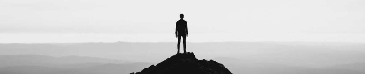 Fototapeta premium Monochrome Leadership Triumph Figure on Rocky Summit in Minimalist Style - Dynamic Motivation Content and Professional Achievement Visualization for Business Growth