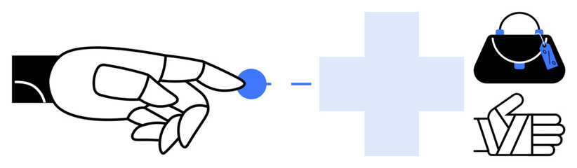 Fototapeta premium Vector art hand reaching for blue dot beside blue plus sign, linked to black purse and thumbs up gesture. Ideal for user interaction, approval, shopping experiences, positive feedback, e-commerce