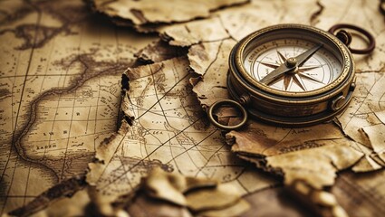 Vintage compass resting on aged world map surrounded by torn parchment