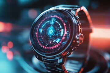 Futuristic digital smartwatch with holographic interface in neon blue and red light