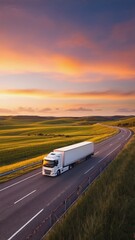 White semi truck driving on highway at sunset