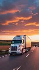 White semi truck driving on highway at sunset
