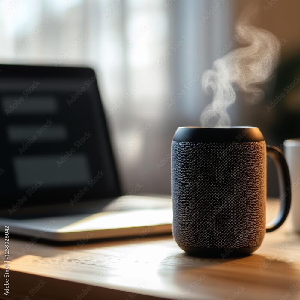 Aufkleber modern minimalist workspace cylindrical smart speaker with coffee on oak desk - enhancing home offic