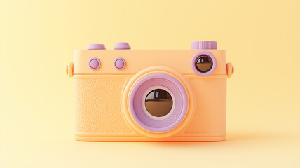 A camera with a purple lens sits on a yellow background
