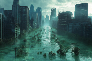 Obraz premium Flooded urban landscape depicts streets submerged in water with historic buildings in view near the city center during daylight