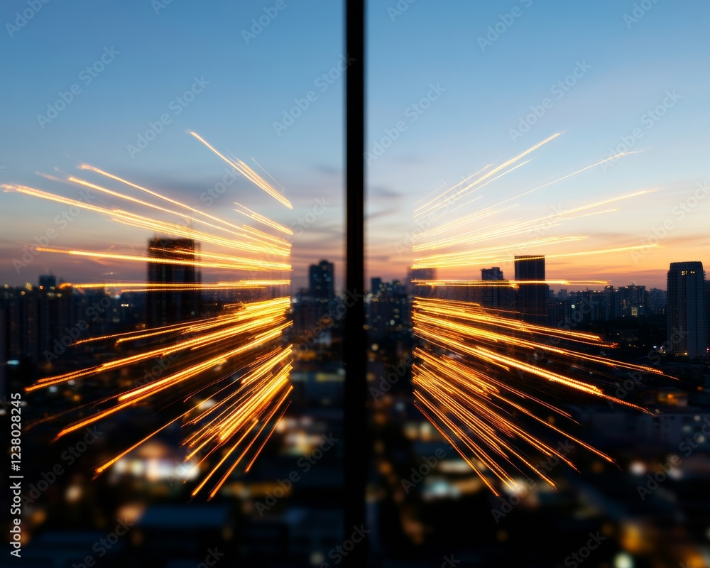 Poster futuristic cityscape with dynamic light trails urban innovation in night surveillance and security t
