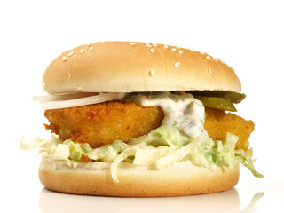 Fish Burger - Hamburger isolated  on white Background