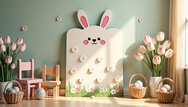 Creative pin-the-tail-on-the-bunny game board with spring blooms, children’s chairs, and Easter-themed prize baskets, softly lit for a joyful vibe