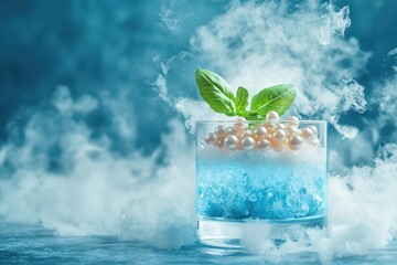 Chef's experimental recipe concept. A vibrant blue cocktail garnished with fresh mint and pearl-like bubbles, surrounded by wisps of vapor, creating a magical and refreshing presentation.