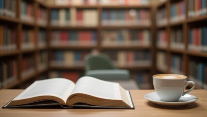 Naklejka premium Book Mockup with Coffee, Library background open book cappuccino photorealistic no blur