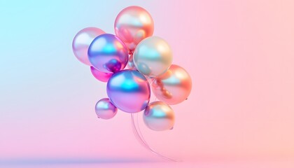 A cluster of iridescent balloons floats against a pastel background