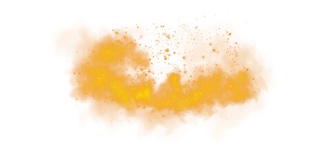 Fantastic orange smoke background. Orange spice powder explosion, spice splash, Magic smoke with glitter and small particles, fog with glowing particles, orange steam. PNG.