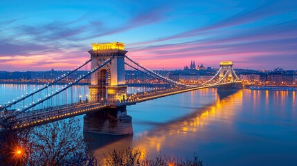 Budapest's Chain Bridge at Sunset: A Captivating Panorama of Iconic Architecture and City Lights