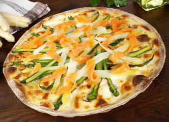 Traditional Tarte Flambee with Creme Fraiche, Onion, Asparagus and Salmon