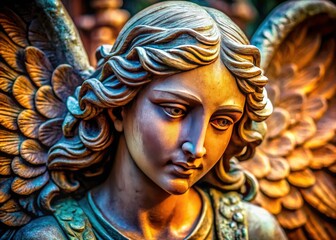 Macro photography unveils the exquisite detail of a religious angel sculpture's wings, showcasing artistic stonework.