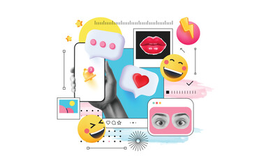 Contemporary halftone collage. App development concept with UI UX elements collage for web banner op poster. Can be used as Header or social media post. Vector illustration