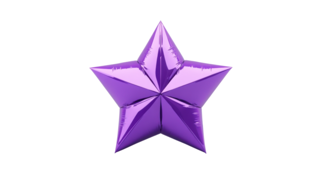 Purple metallic foil balloon star floating on transparent background
