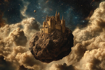 Fototapeta premium Enchanted castle on a floating asteroid amid swirling clouds in a cosmic landscape