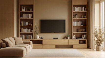 Living room interior infographic template in shades of brown and beige with a sofa, television and bookcase with space for text