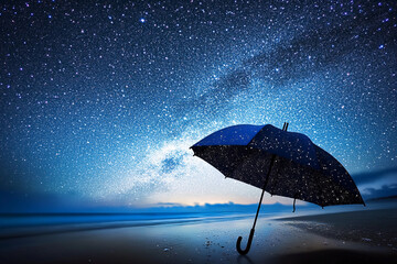 Umbrella stands against a starry sky reflecting on a calm body of water in a serene nighttime setting