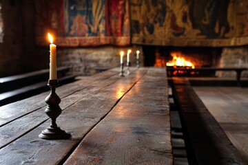 Medieval dining hall with candles and fireplace ambiance