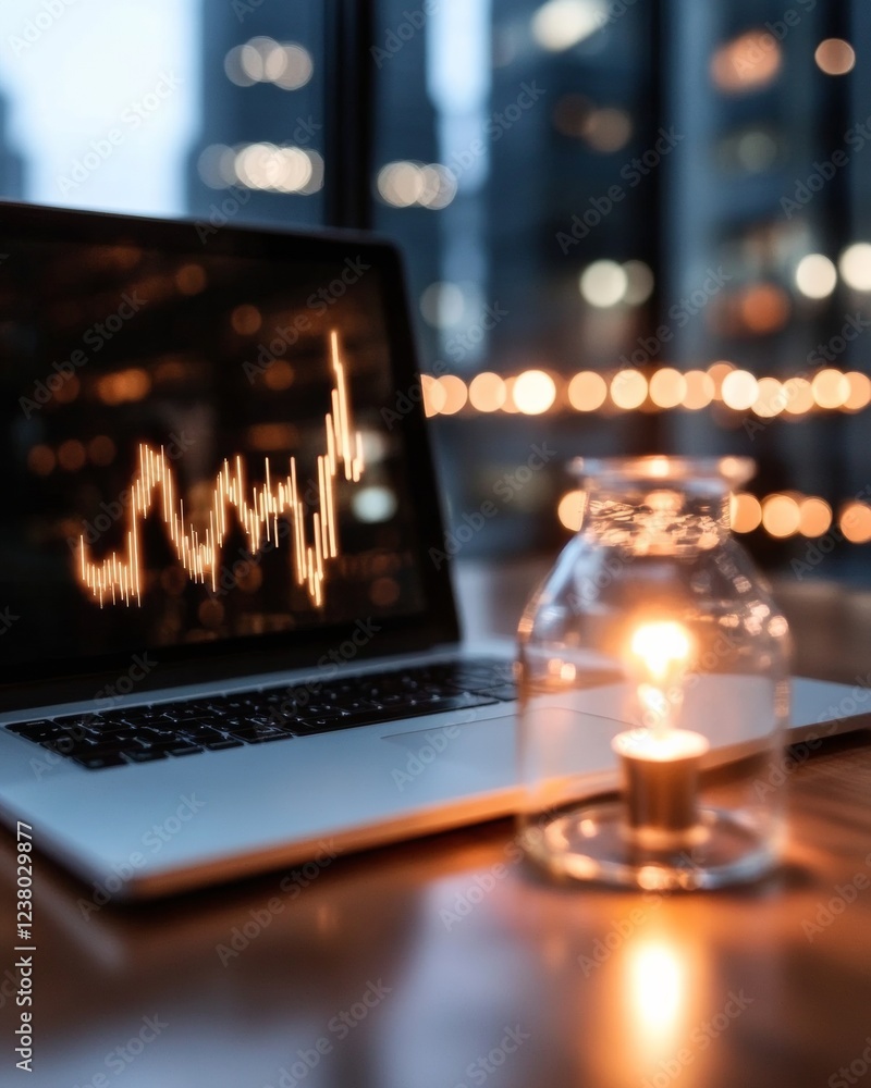Aufkleber ambient urban workspace candlelit glass and digital trends on modern desk - innovative business anal