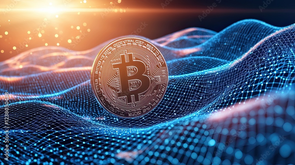 Poster cryptocurrency trends, digital cryptocurrency concept with bitcoin in abstract network waves visuali