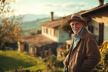 A man in a hat and a brown jacket stands in front of a house