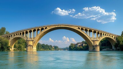 Fototapeta premium Majestic Stone Arch Bridge over the Calm River under a Blue Sky. A picturesque landscape, perfect for travel and tourism. Scenic view of nature's beauty.