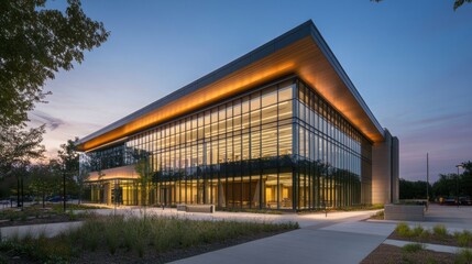 Obraz premium Modern Architectural marvel at Dusk: Illuminating Glass Facade and Landscaping