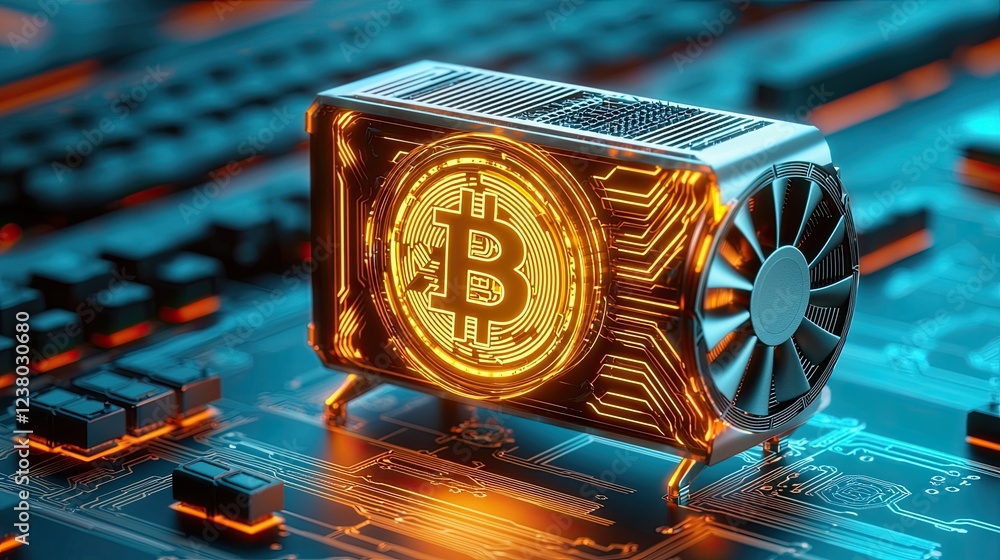 Poster cryptocurrency trends, futuristic bitcoin mining hardware with glowing cryptocurrency symbol on circ