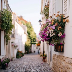 Fototapeta premium Parisian Romance Historic Cobblestone Alley with Bougainvillea and Iron Balconies - Authentic Travel Content and Destination Branding for Romantic Getaways