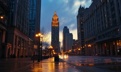 Fototapeta premium City street with illuminated buildings at evening twilight.