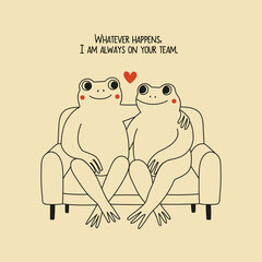 Vector black, red and white illustration with couple frogs in love sitting on sofa and watching each other. Romantic print design, greeting card template, home or bar wall decoration typography poster