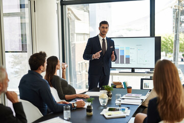Businessman, meeting and presentation with screen in boardroom for corporate statistics, briefing...