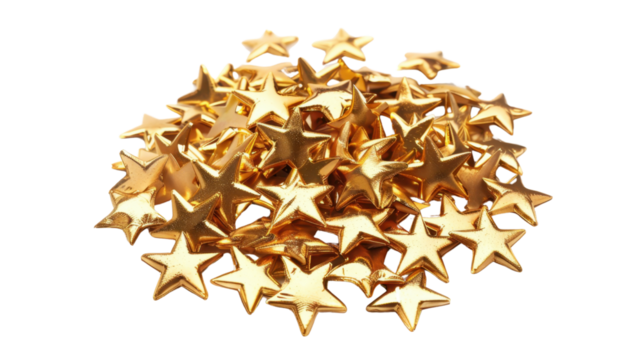 Pile of golden stars forming a mound on transparent background