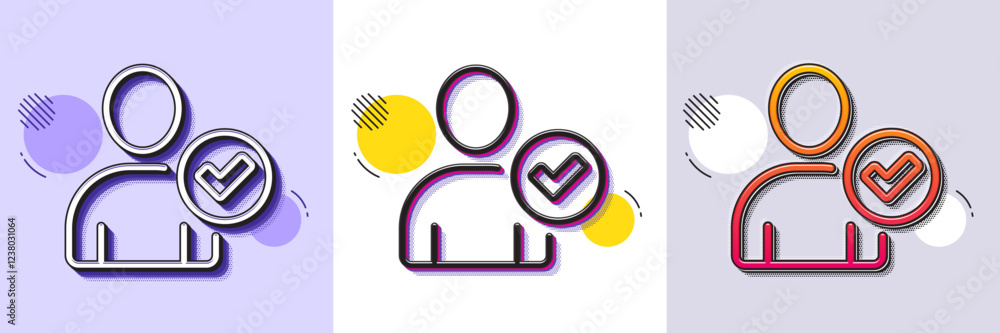 Poster checked user line icon. halftone dotted pattern. gradient icon with grain shadow. profile avatar wit