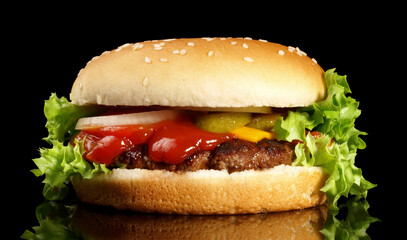 Hamburger on Black Background  - Fast Food