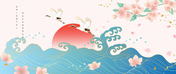 Luxury gold oriental background vector. Chinese and Japanese wallpaper pattern design of elegant crane birds and sea wave with gold line texture. Design illustration for decoration, wall decor.