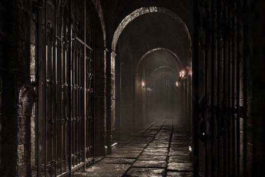 Dimly lit medieval dungeon corridor with iron bars and stone walls