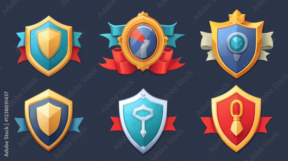 Poster security icons set with blazons and ribbons for internet design. vector version also available in ga