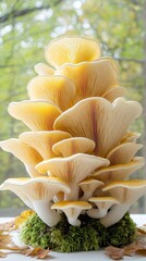 Cluster of vibrant yellow mushrooms growing in nature with green background