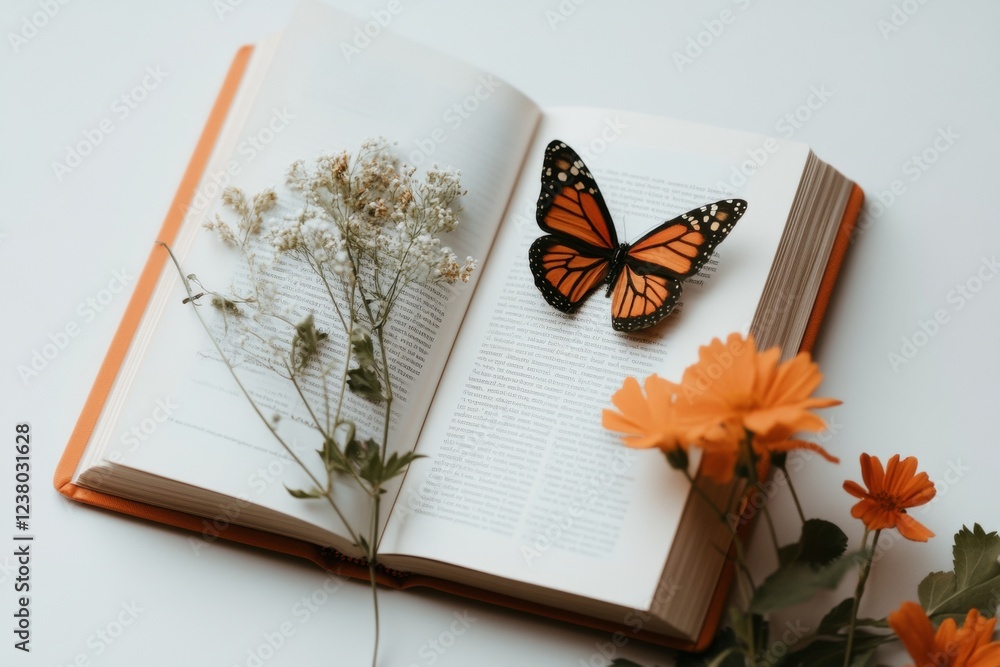 Aufkleber contemporary nature-inspired aesthetic open book with butterfly elements and floral textures - creat